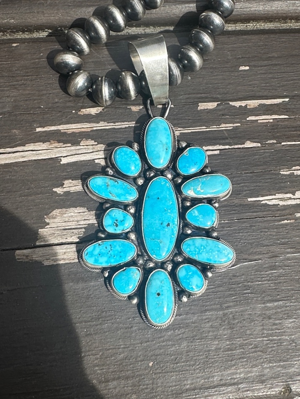 Navajo Sheila Becenti Kingman Turquoise & Sterling Silver Pendant - Picture 4 of 6